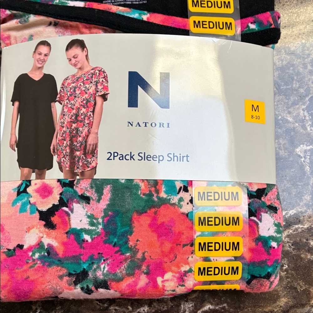 Natori Floral Sleep Shirt Set - Black and Pink